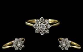 18ct Gold - Attractive Diamond Set Cluster Ring, Flower head Design. The 7 Brilliant Cut Diamonds of