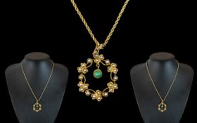 Antique Attractive 9ct Gold Seed Pearl and Turquoise Set Pendant, With Attached 9ct Gold Chain. Good