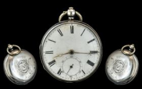 Mid Victorian Period - Key-wind Sterling Silver Open Faced Pocket Watch, Fusee White Porcelain Dial,