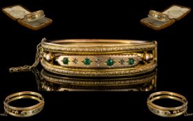 Edwardian Period 1902 - 1910 Good Quality 9ct Gold Emerald and Diamond Set Hinged Bangle with