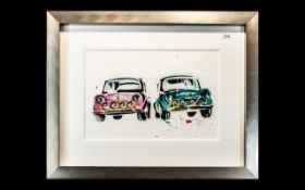 Sarah Graham Watercolour of Two Cars, contemporary artwork framed, mounted and glazed in a modern