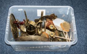 Box of Brass & Copper Items, including a pair of candlesticks, plant sprayer, trays, horse brasses,