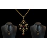 Edwardian Period 1902 - 1910 Attractive Ladies 9ct Gold Seed Pearl and Garnet Set Ornate Pendant.