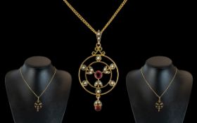 Edwardian Period 1902 - 1910 Attractive Ladies 9ct Gold Seed Pearl and Garnet Set Ornate Pendant.