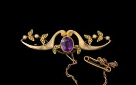 Antique Period - Attractive 15ct Gold Amethyst and Seed Pearl Set Brooch with Safety Chain. c.