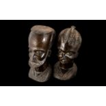 Pair of African Wooden Head Sculptures, male and female, traditional style. Height 9.5".