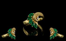 Ladies 18ct Gold - Designer Made Emerald and Diamond Set Dress Ring.