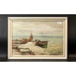 Original Watercolour by John E Aitken, depicting a fishing coastal scene, framed and glazed,