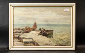 Original Watercolour by John E Aitken, depicting a fishing coastal scene, framed and glazed,