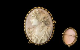 Antique Period 9ct Gold Mounted Cameo Brooch with Safety Chain,
