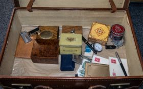 Suitcase of Collectible Items, comprising wooden stamp box with swallow design to lid,