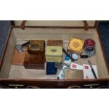 Suitcase of Collectible Items, comprising wooden stamp box with swallow design to lid,