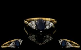 Ladies 18ct Gold Attractive and Petite Diamond and Sapphire Set Ring, Not Marked but tests Gold.