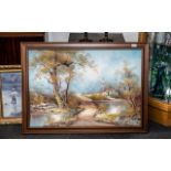 Large Oil on Canvas, depicting a cottage and river scene, in a wooden frame,