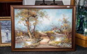 Large Oil on Canvas, depicting a cottage and river scene, in a wooden frame,