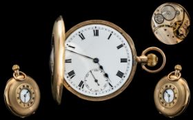 Swiss Made Keyless Good Quality 9ct Gold Demi-Hunter Pocket Watch, With White Enamel Dial,