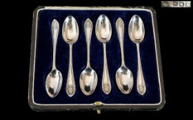 Edwardian Period Boxed Set of Six Sterling Silver Teaspoons, With Well Cast Ornate Stems.