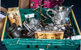 Large Box of Mixed Collectible Items, including plated ware teapots, sugar and milk, breakfast set,