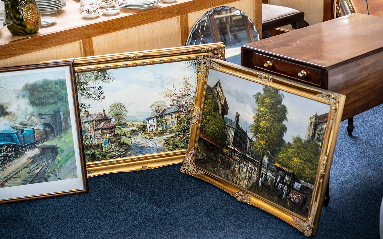 Collection of Three Paintings, comprising an oil painting of a market square, gilt framed,