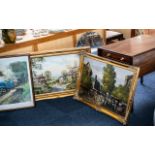 Collection of Three Paintings, comprising an oil painting of a market square, gilt framed,