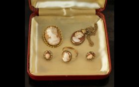 A Good Collection of 9ct Gold Cameo Set Jewellery ( Matching ) All with Full Hallmarks.