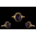 Antique Period - Superb Quality 18ct Gold Ring - Cabouchon Cut Amethyst with Black Jet Roundel's to