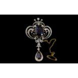 Antique Period Stunning Ladies 18ct Gold and Platinum Diamond and Sapphire Set Brooch with Drop and