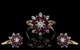 18ct Yellow Gold - Attractive Ruby and Diamond Set Dress Ring, Flower head Design.