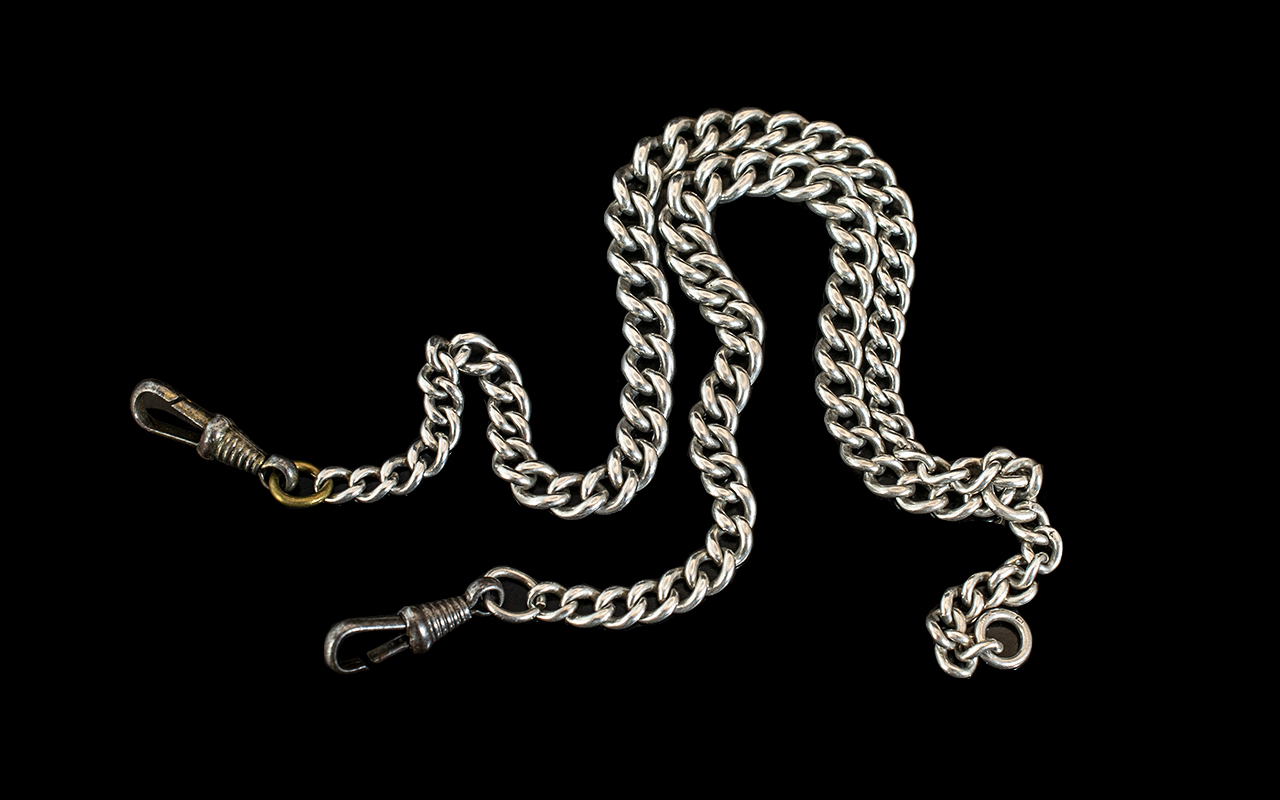 Antique Period Sterling Silver Double Albert Watch Chain. All Links Marked for Silver.