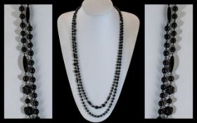 Antique Period - Superb Whitby Jet Long Beaded Fancy Muff Chain - Long Necklace.