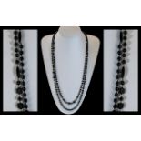 Antique Period - Superb Whitby Jet Long Beaded Fancy Muff Chain - Long Necklace.