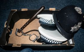 Police Interest - Two Traffic Police Hats, a vintage Police helmet, a 1950's truncheon,