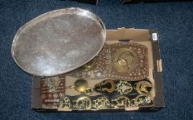 Box of Decorative Horse Brasses, together with a Sheffield plate tray.