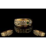 18ct Gold - Attractive and Heavy Diamond and Emerald Set Band Ring.