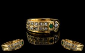 18ct Gold - Attractive and Heavy Diamond and Emerald Set Band Ring.