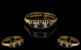 Antique Period 18ct Gold - Attractive Ladies Sapphire and Diamond Set Ring, Gallery Setting.