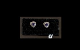 Tanzanite Trillion Cut Halo Stud Earrings, solitaire, trillion cut tanzanites, of good colour, set