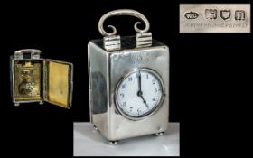 Edwardian Period Excellent Quality Sterling Silver Cased Small Travelling Clock with Handle and
