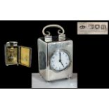 Edwardian Period Excellent Quality Sterling Silver Cased Small Travelling Clock with Handle and