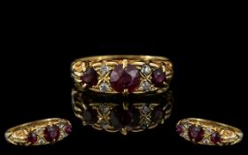 Antique Period Superb 18ct Gold - Attractive Ruby and Diamond Set Ring,
