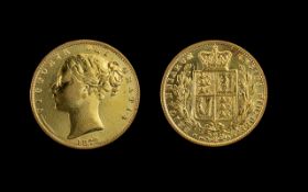 Queen Victoria Young Head - Shield Back 22ct Gold Full Sovereign - Date 1872. Die Num 30.