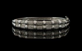 9ct White Gold Diamond Hinged Bangle - The Front Set with Round Pave Cut Diamonds, Fully Hallmarked,