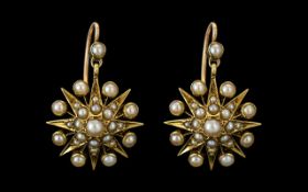Victorian Period 1837 - 1901 18ct Gold Star Burst - Design Seed Pearl Set Pair of Earrings - Drops.