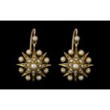 Victorian Period 1837 - 1901 18ct Gold Star Burst - Design Seed Pearl Set Pair of Earrings - Drops.