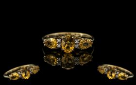 Ladies 9ct Gold Pleasing Citrine and Diamond Set Dress Ring full hallmark to interior lof shank The