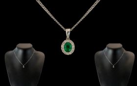 18ct White Gold - Superb Emerald and Diamond Set Pendant Attached to a 18ct Gold White Chain.