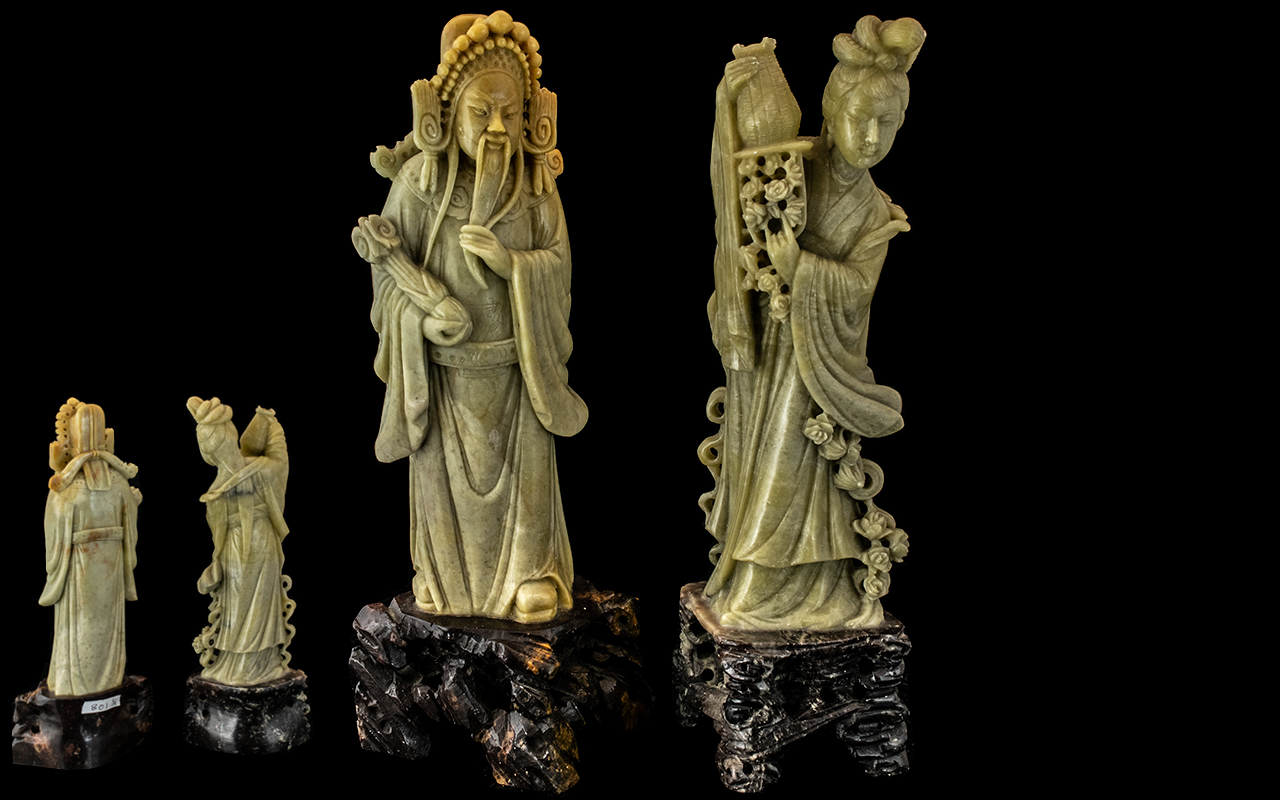 Chinese 19th Century Pair of Superb Carved Soapstone Figures. c.1880's. Excellent Condition.