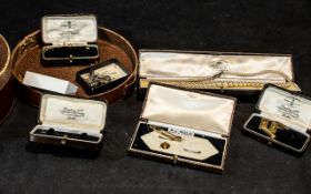 Collection of Antique Jewellery Boxes, containing pearls, studs, cufflinks set with mother of pearl,
