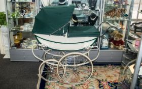 Beautiful Coach Built Marmet Pram, cream body with dark green hood, cover and trims,