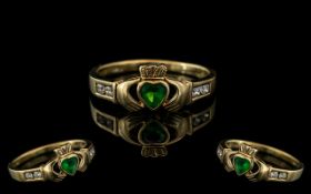 Ladies - Superb Quality and Pleasing 9ct Gold Coronet Ring, Set with Diamonds and Emerald.